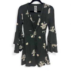 Floral Embroidered green Long-Sleeve Wrap Dress